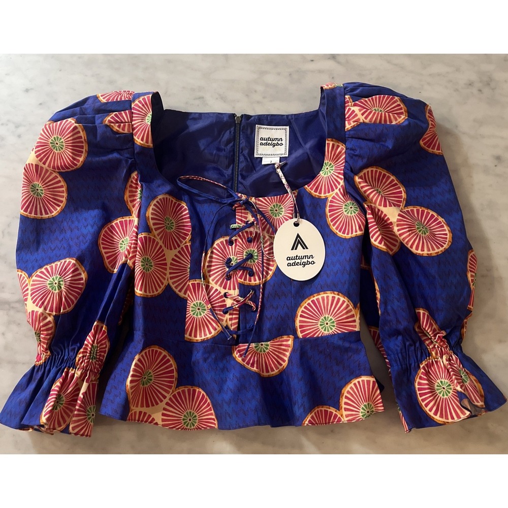 NWT Autumn Adeigbo Mallory Top Size 2 Blue Pink Puff Sleeve Lace Up Peplum - Picture 4 of 13